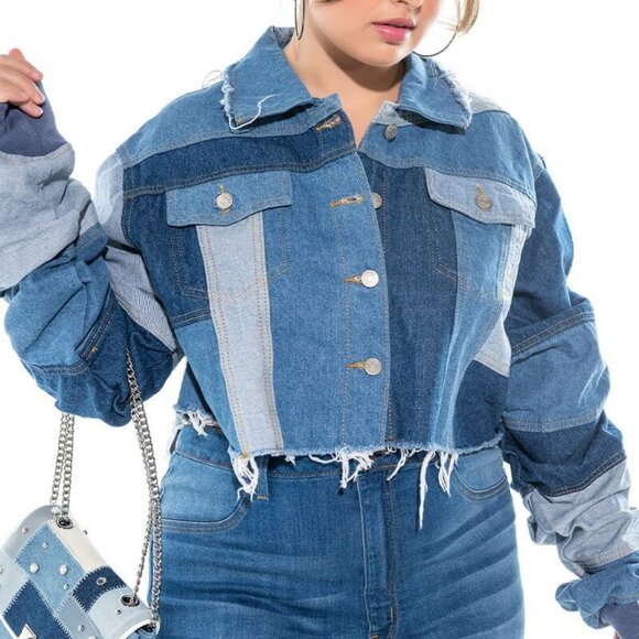 AZALEA WANG PLUS  ALL PATCHED UP PATCHWORKED  CROP DENIM JACKET ( BRAND NEW ! ) - Picture 1 of 9